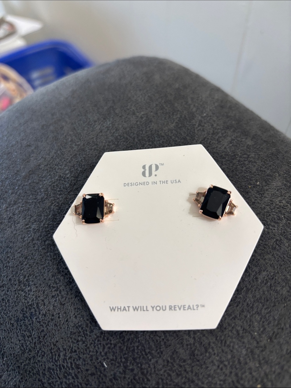 Rose Gold Black Stone Rectangular Stud Earrings
